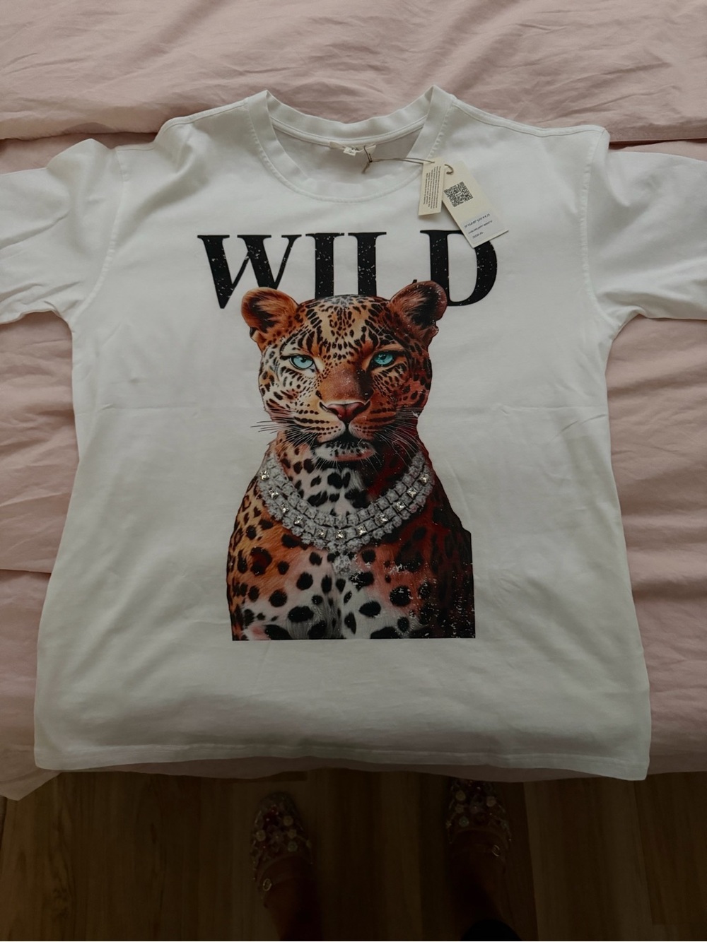 White Short-Sleeve Leopard Graphic Tee with Jewel Detail